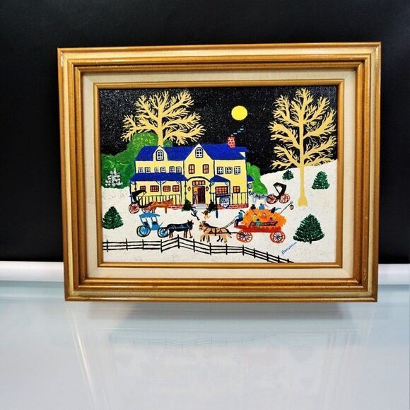 Folk Art Painting Naive Primitive Americana Vintage Art Naif Signed On Canvas - Picture 1 of 11